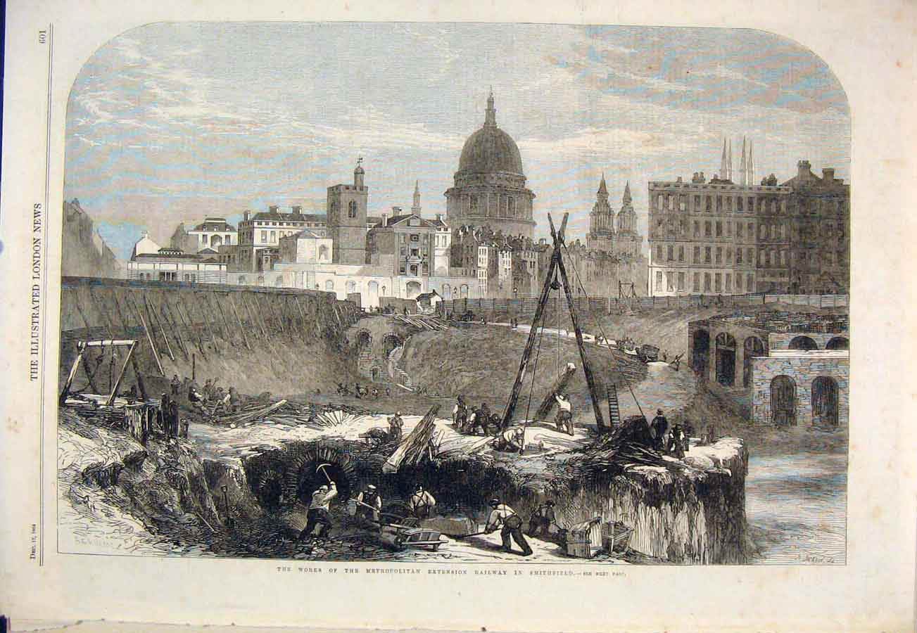 Original Old Antique Print Metropolitan Extension Railway Smithfield 1864 19th