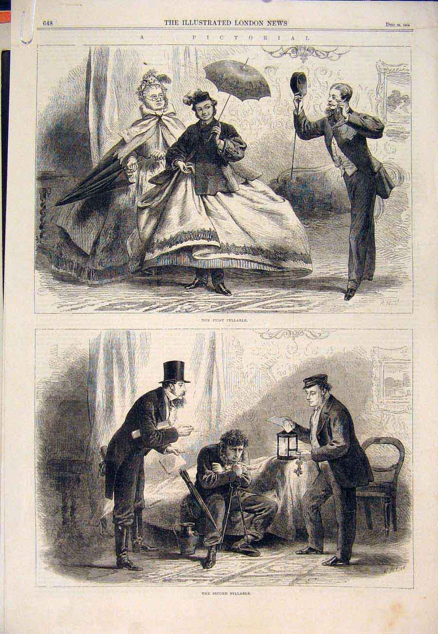 Original Old Antique Print Christmas Charade Games Syllable Charades Hunt 1864