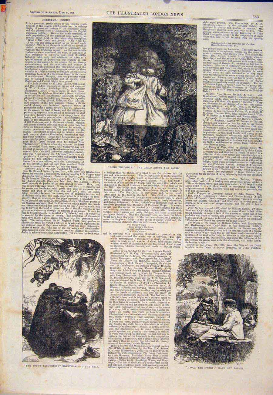 Original Old Antique Print Sketches Bear Children Yachtsmen 1864 19th