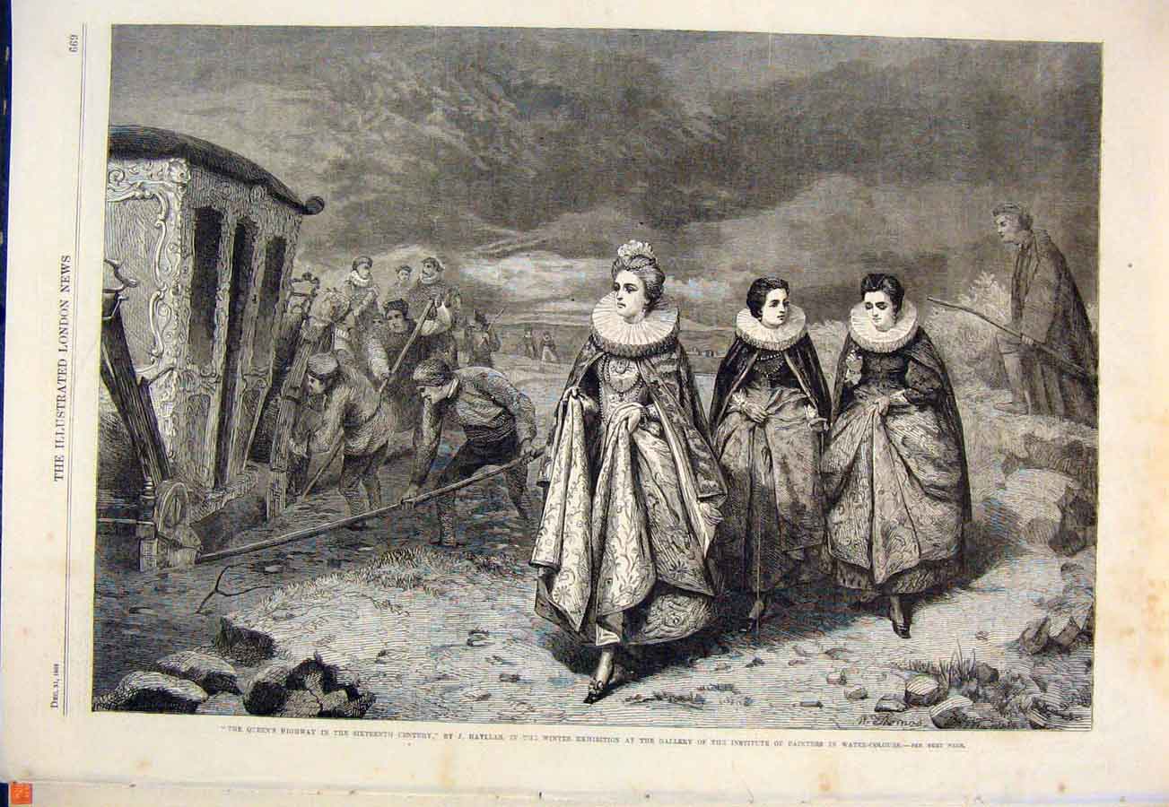 Original Old Antique Print Queens Highway Queen Hayllar Coach 1864 Victorian