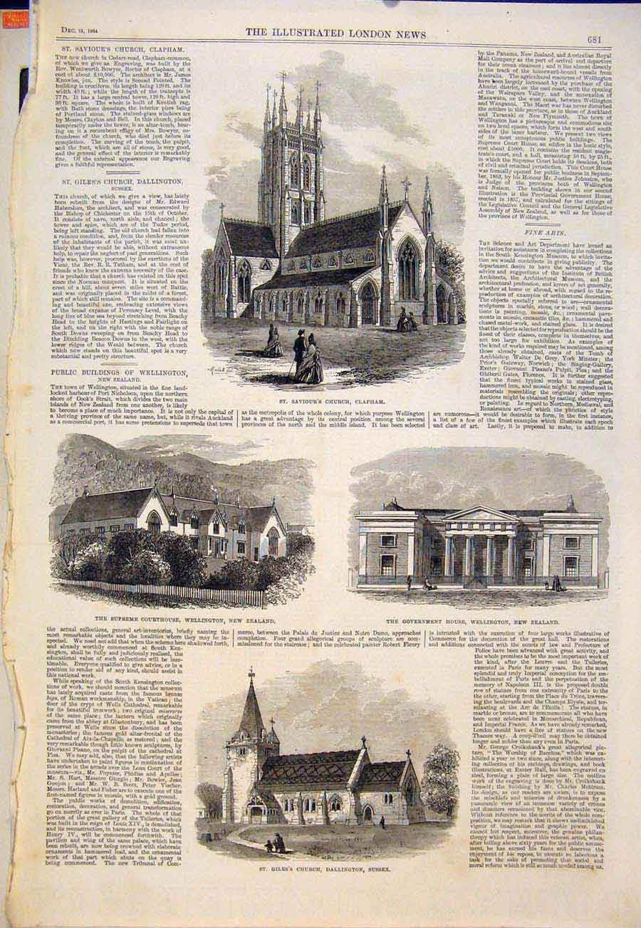Original Old Antique Print Clapham Church Sussex New Zealand Wellington 1864
