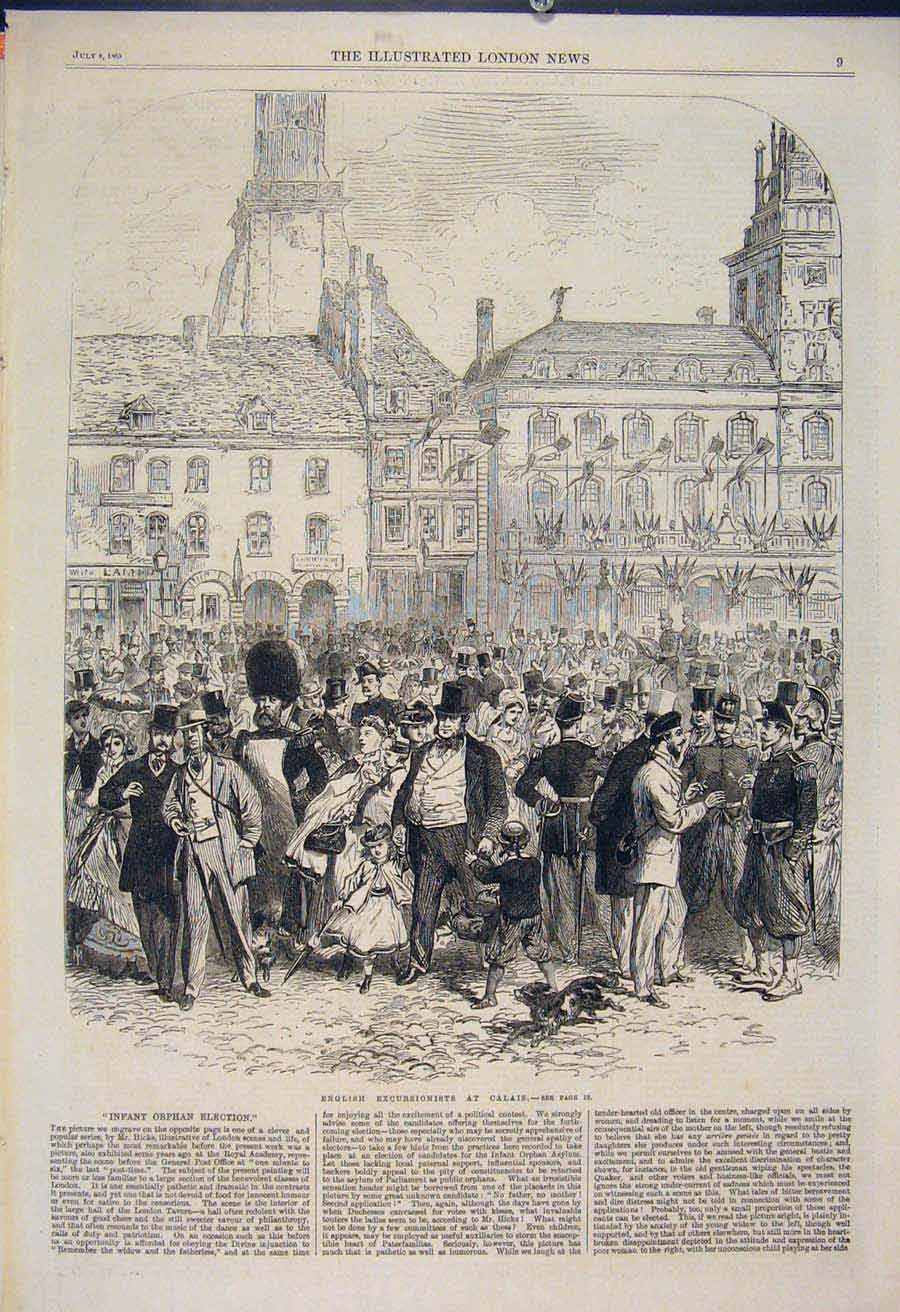 Original Old Antique Print English Excursions Calais France 1865 19th