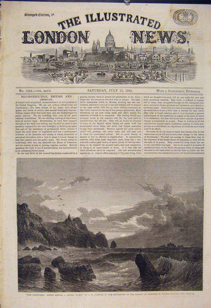 Old Antique Print Land'S End Jackson Stormy Night Sea Cliff Fine Art 1865 19th