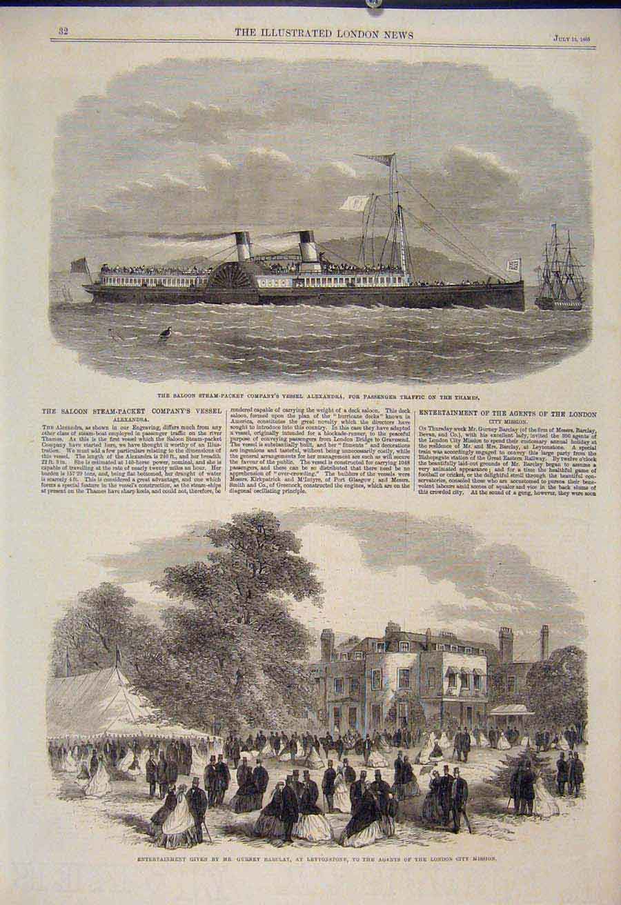 Original Old Antique Print Steam Packet Alexandra Passener Thames Barclay 1865