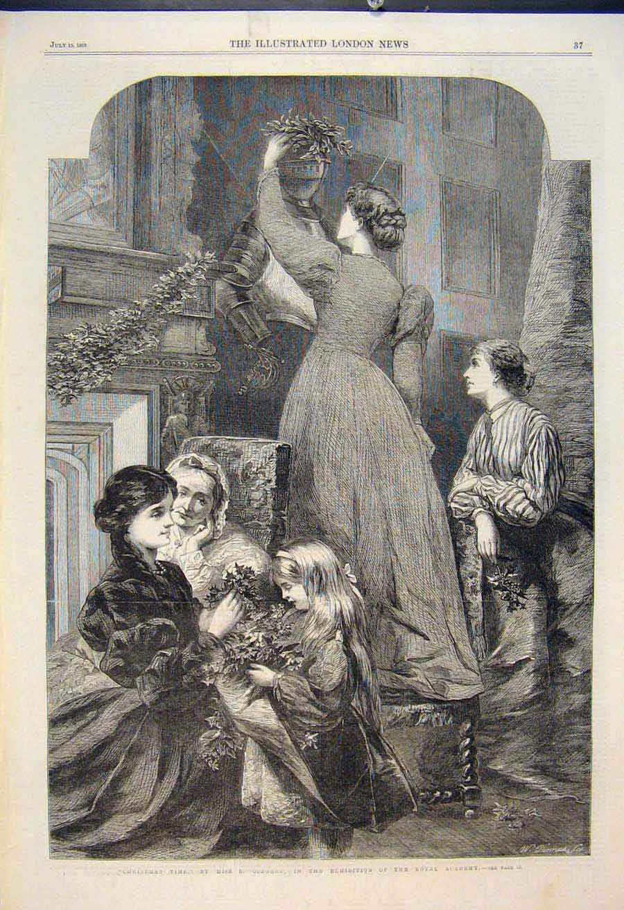 Original Old Antique Print Christmas Tree Osborne Child Chidren Holly Art