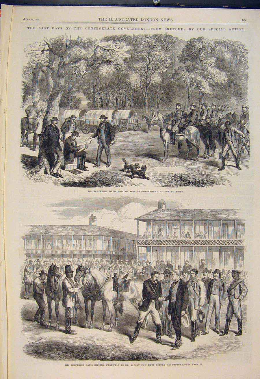 Original Old Antique Print Civil War Pe-Dee River Carolina Davis America 1865