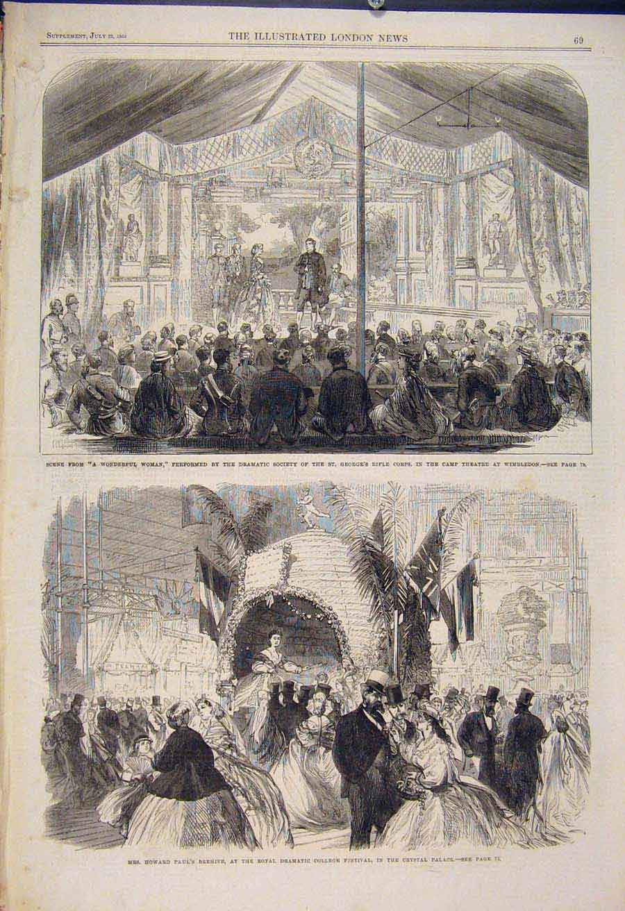 Old Antique Print Wimbledon Theatre College Festival Crystal Palace 1865 19th