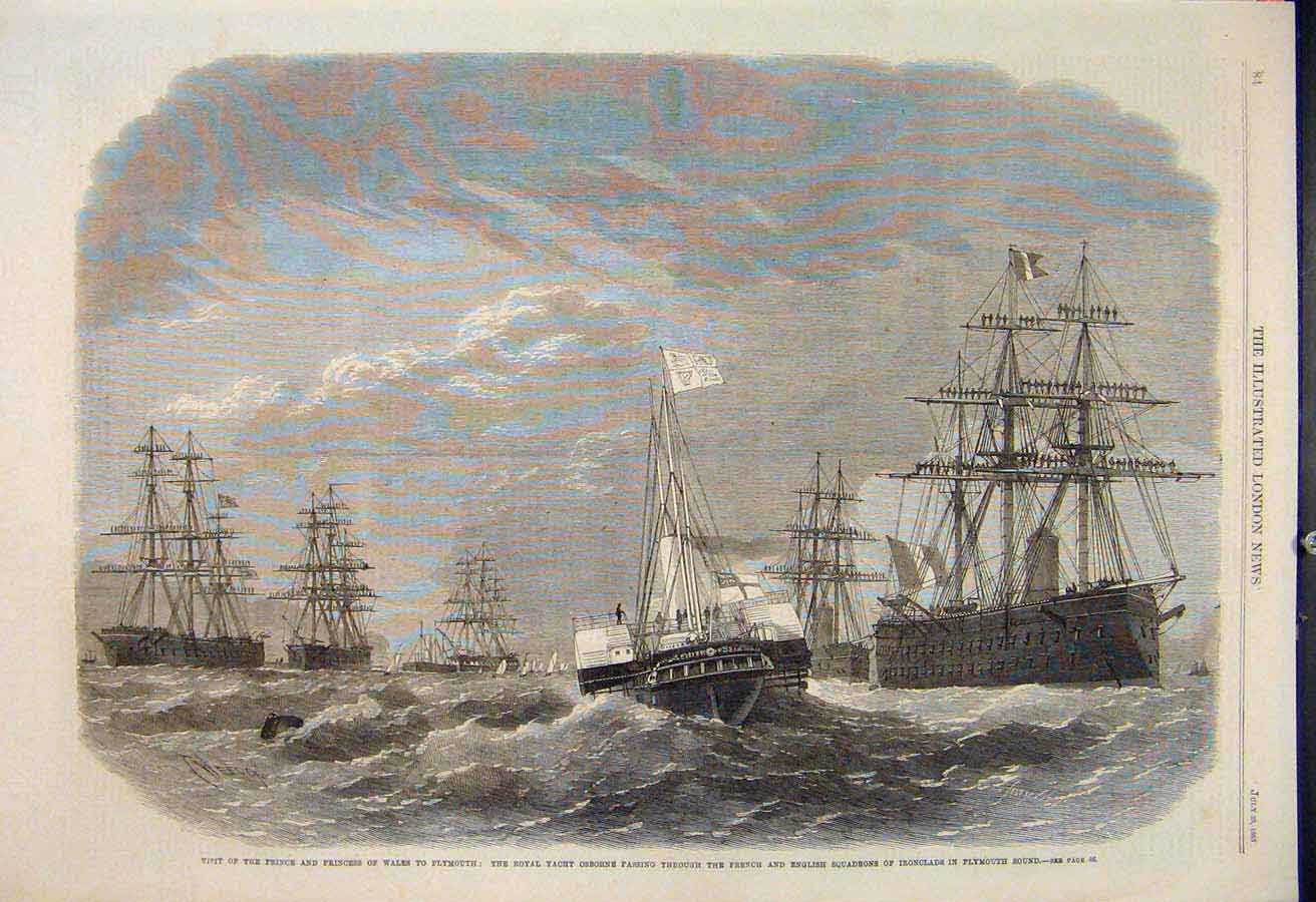 Old Antique Print Plymouth Prince Princess Wales Yacht Osborne Royal 1865 19th