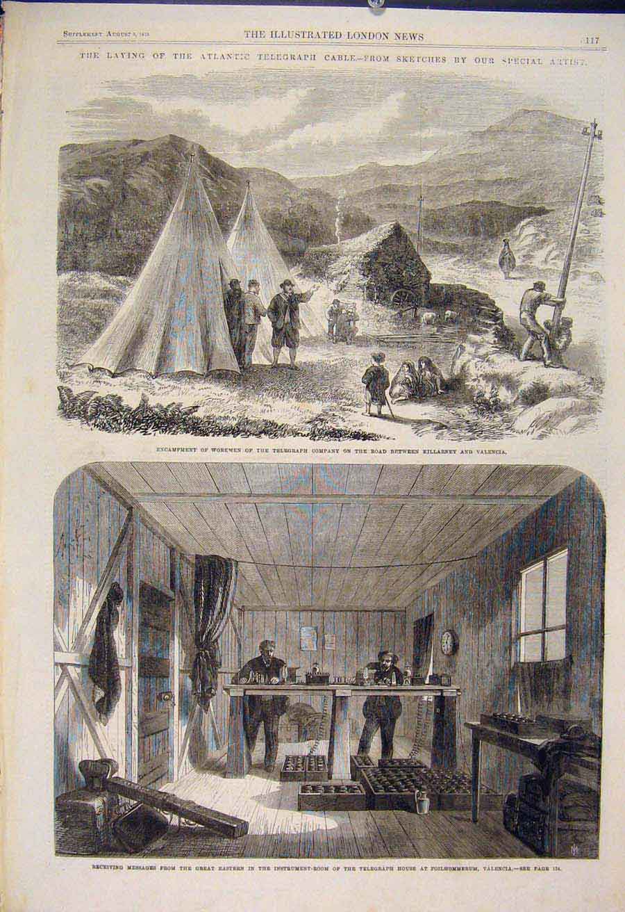 Original Old Antique Print Atlantic Telegraph Cable Foilhommerum Valencia 1865