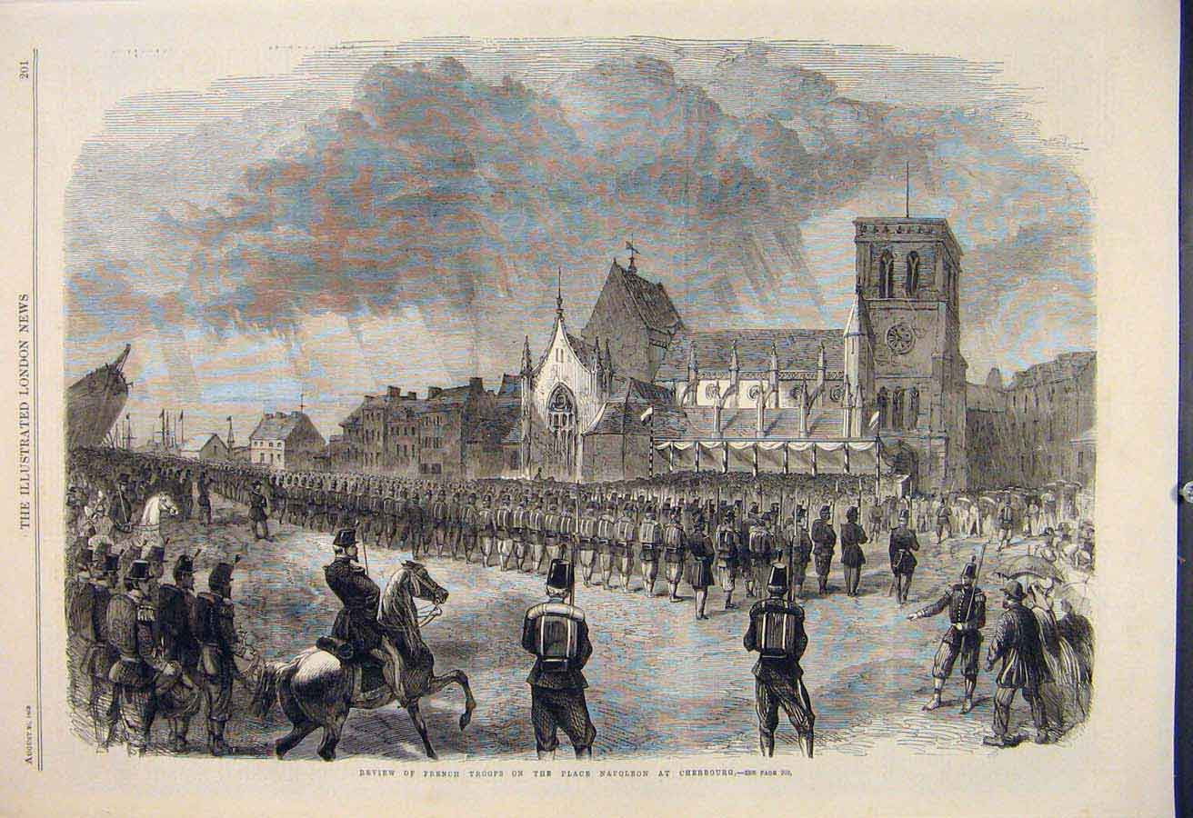 Original Old Antique Print Review French Troops Place Napoleon Cherbourg 1865