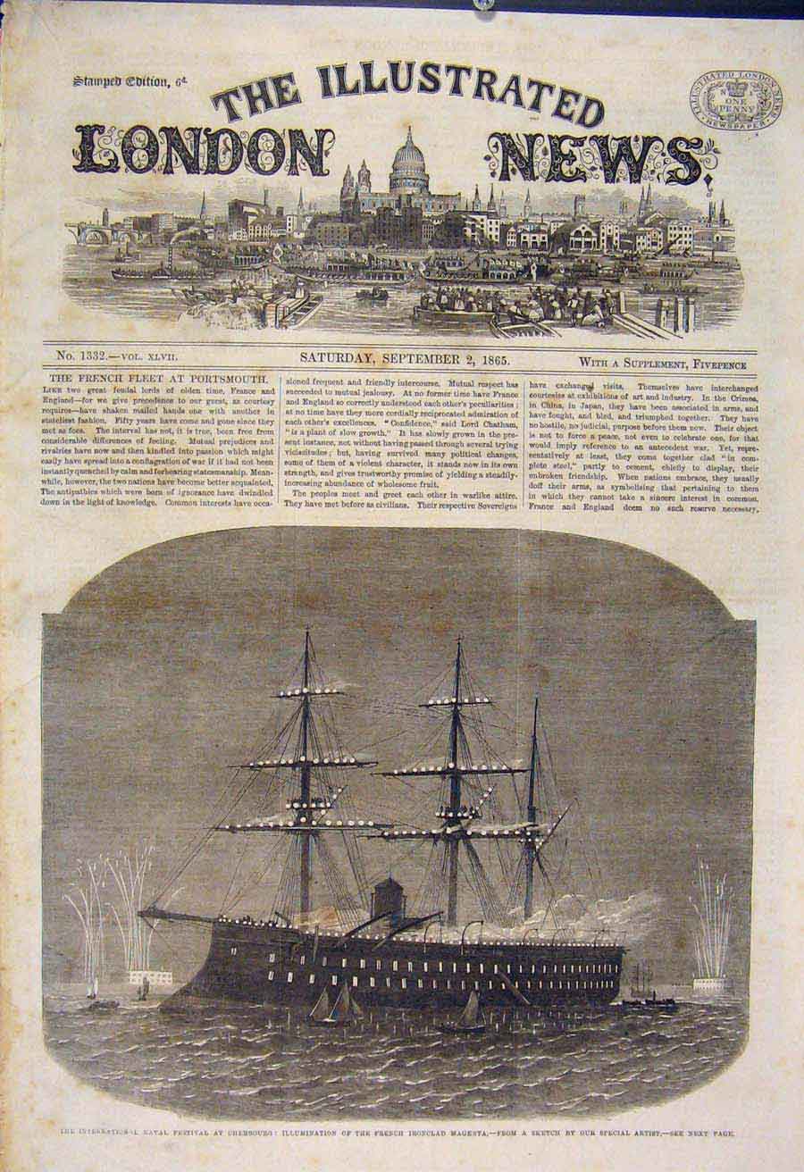 Original Old Antique Print Naval Festival Cherbourg French Ironclad Magenta 1865