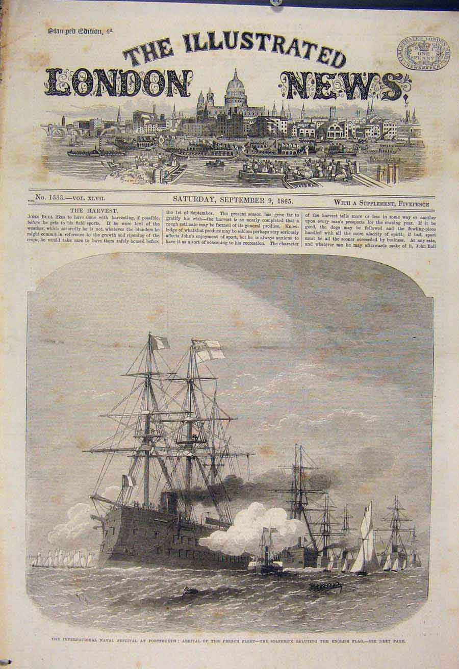 Original Old Antique Print Naval Festival Portsmouth French Fleet Solferino 1865