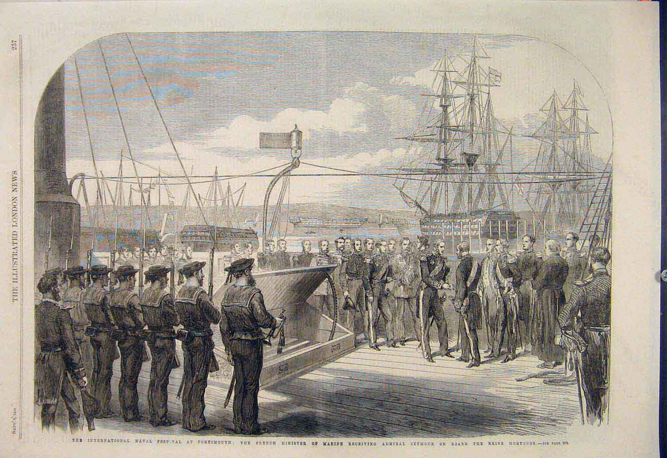 Original Old Antique Print Naval Festival Portsmouth French Admiral Seymour 1865