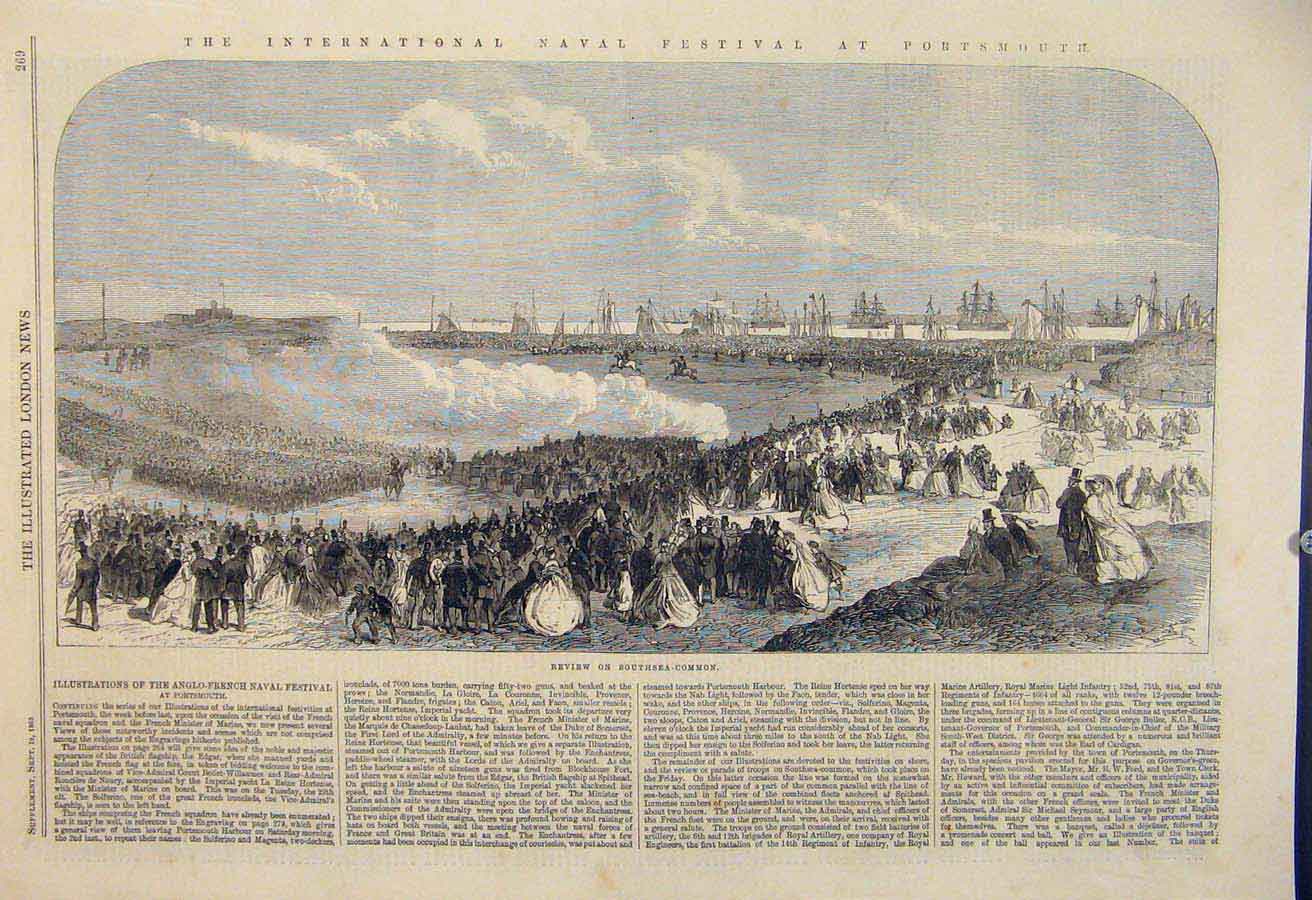 Original Old Antique Print International Naval Fesitval Portsmouth Banquet 1865