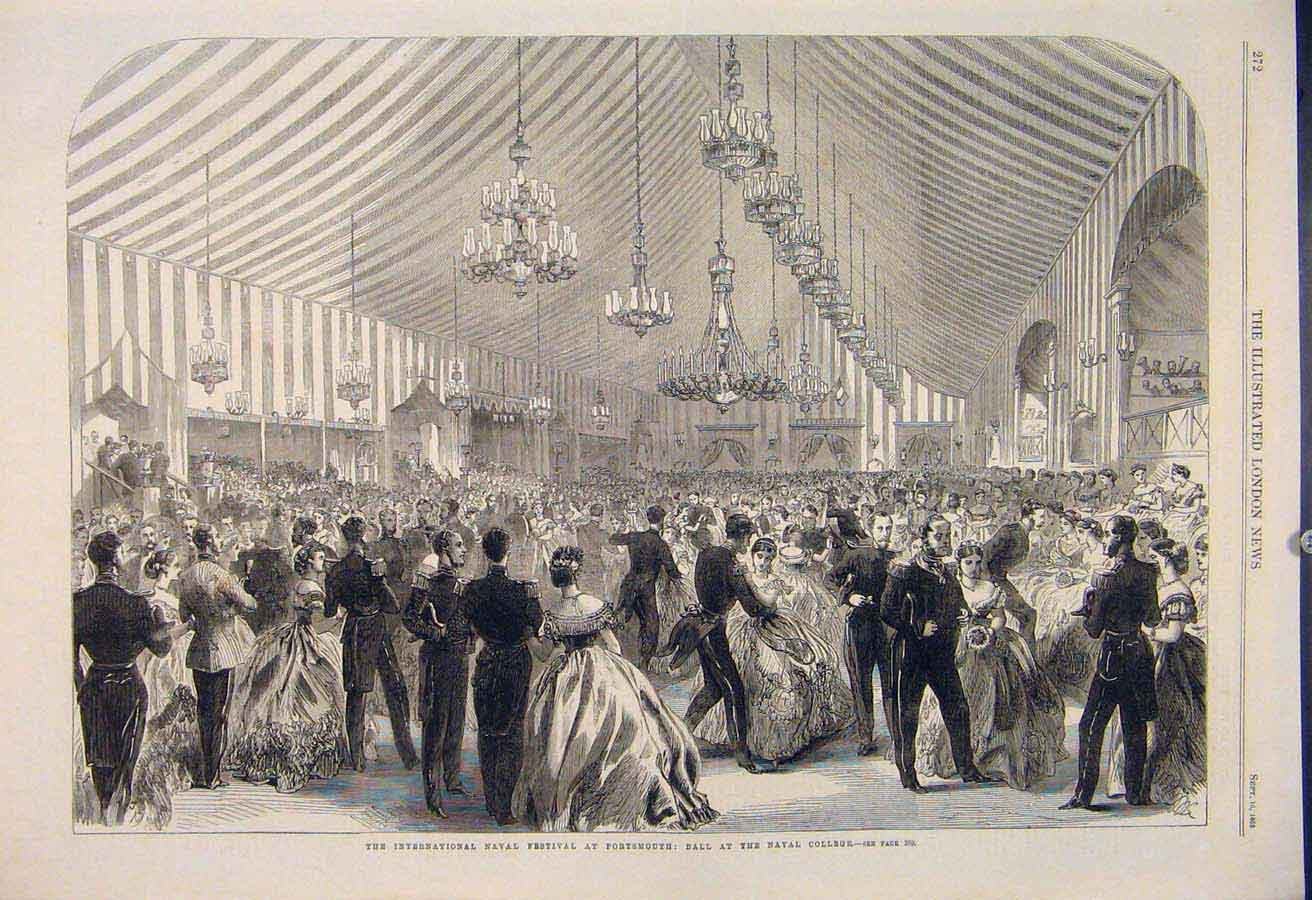 Original Old Antique Print International Naval Festival Portsmouth College 1865