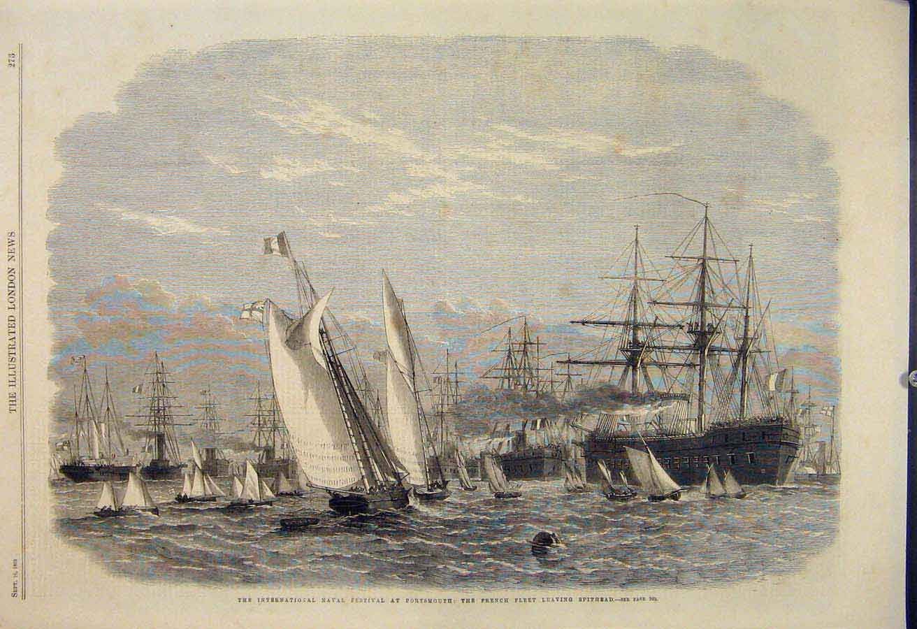 Original Old Antique Print Naval Festival Portsmouth French Fleet Spithead 1865