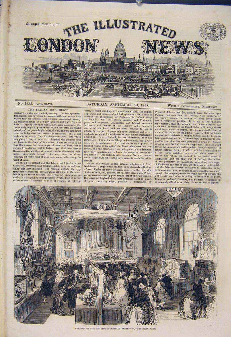 Original Old Antique Print Reading Industrial Exhibition Opening 1865 Victorian