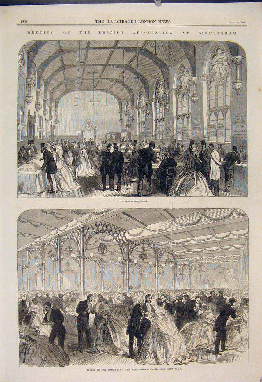 Original Old Antique Print British Association Birmingham Soiree Townhall 1865