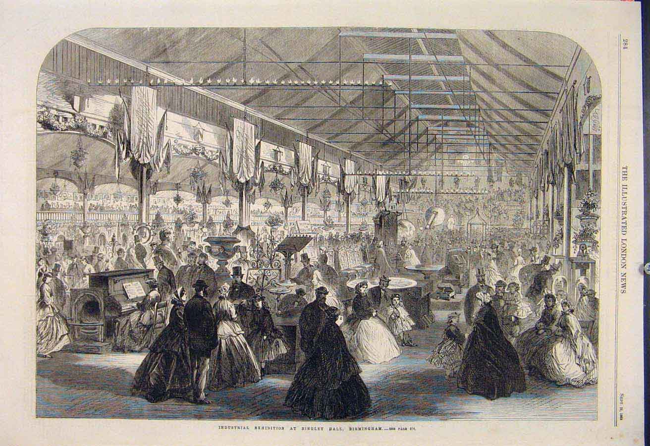 Original Old Antique Print Industrial Exhibition Bingley Hall Birmingham 1865