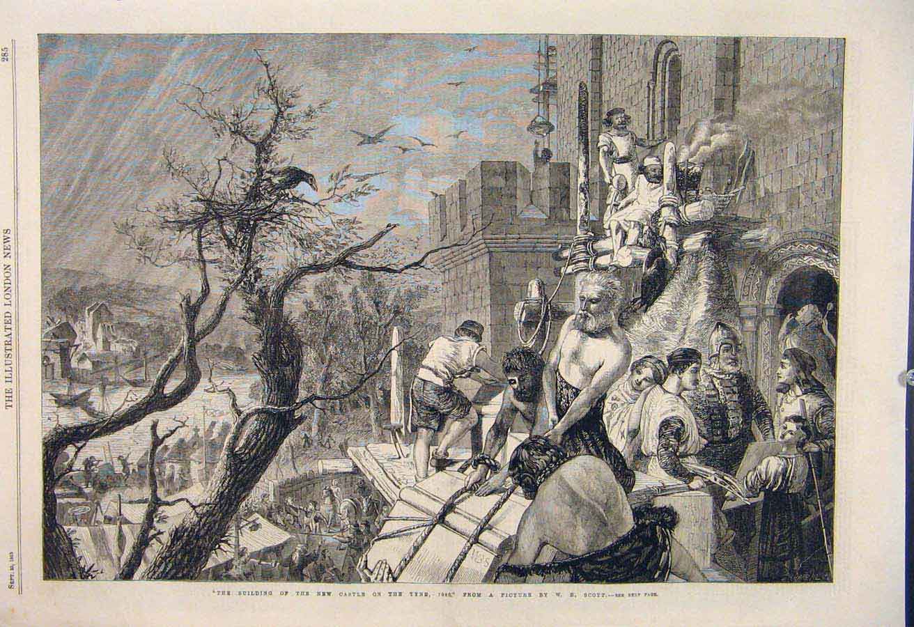 Original Old Antique Print Building Castle Tyne Scott Fine Art 1865 Victorian