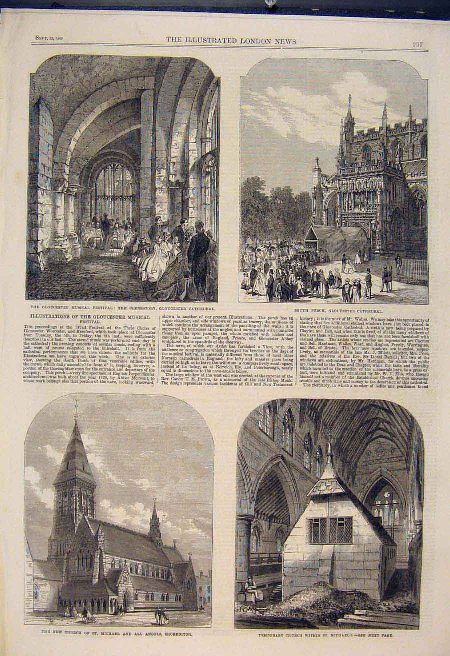 Original Old Antique Print Gloucester Cathedral Music Festival Church Nave 1865