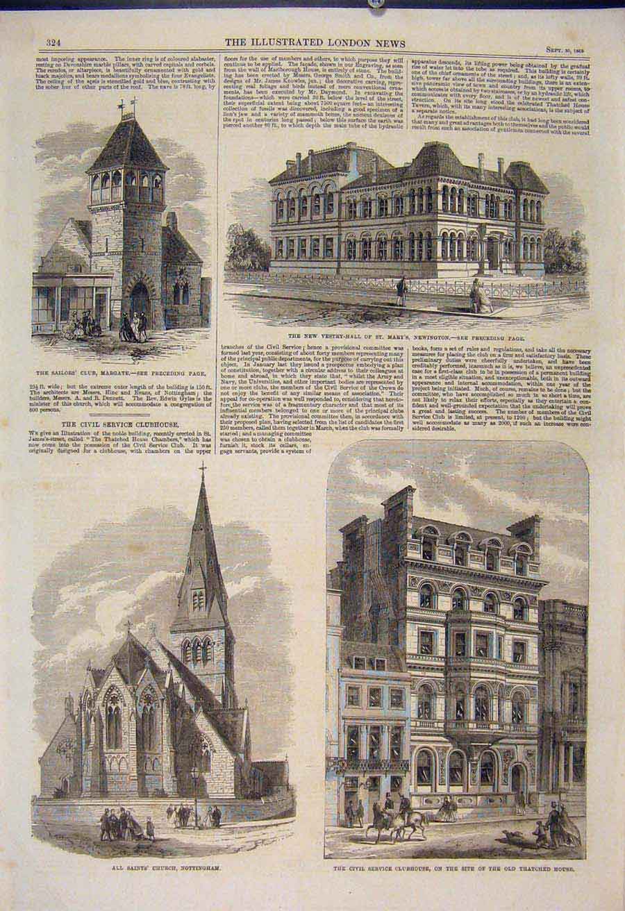 Original Old Antique Print Margate Vestry Hall Newington Church Nottingham Civil
