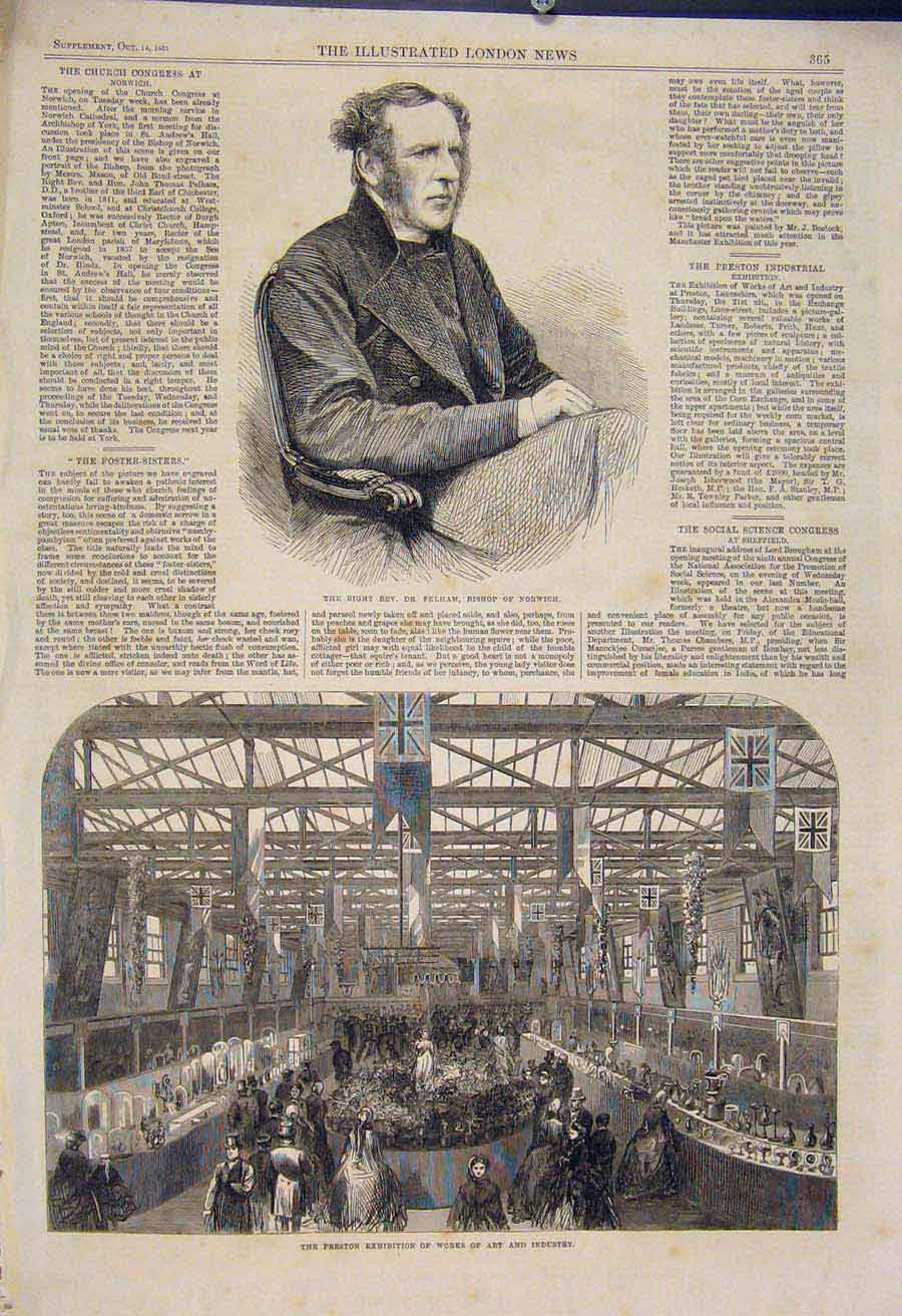 Original Old Antique Print Portrait Pelham Bishop Norwich Preston Industry 1865