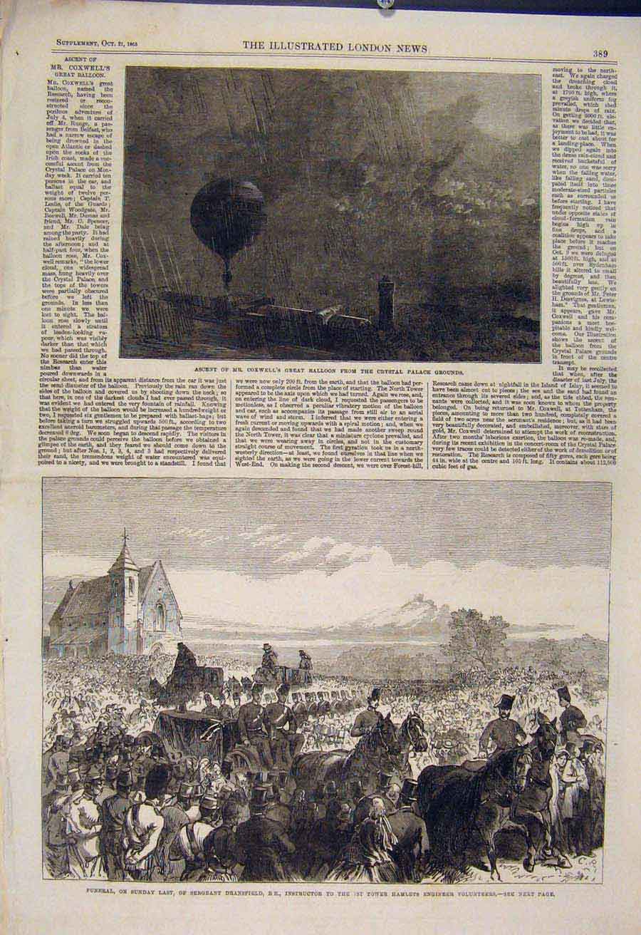 Old Antique Print Coxwell Balloon Crystal Palace Funeral Dransfield 1865 19th