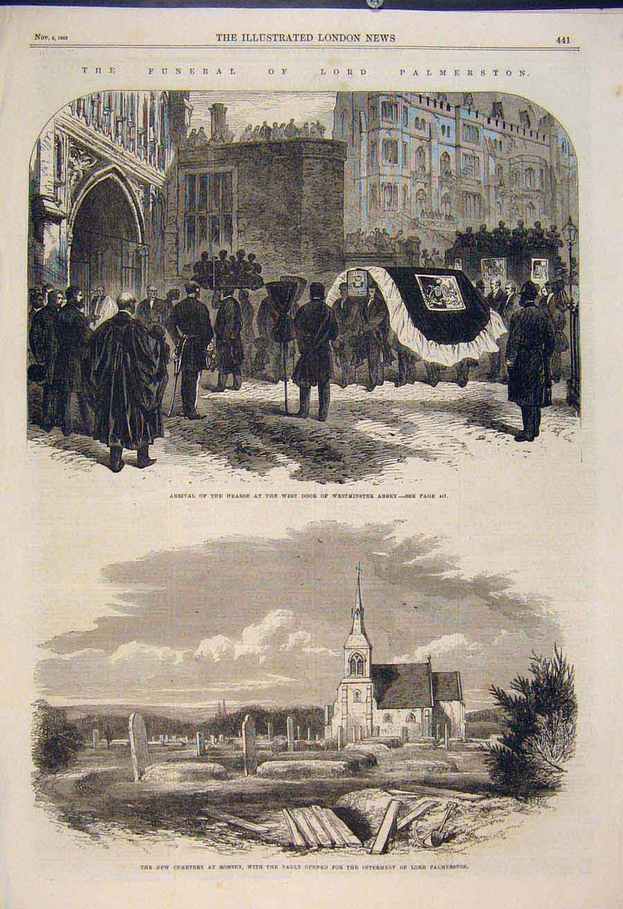 Old Antique Print Westminster Abbey Cemetery Romsey Lord Palmerston 1865 19th