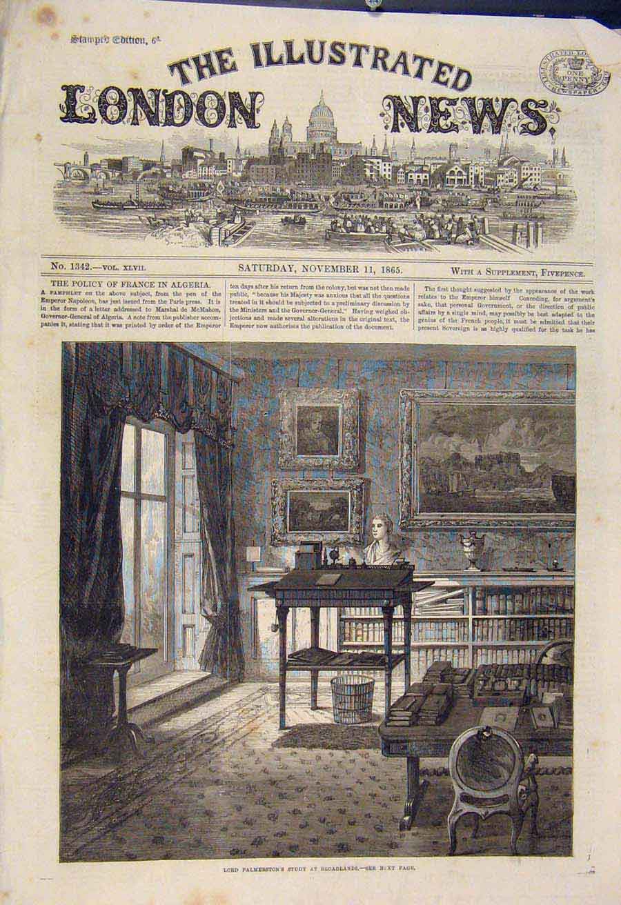 Original Old Antique Print Lord Palmerston Study Broadlands 1865 19th