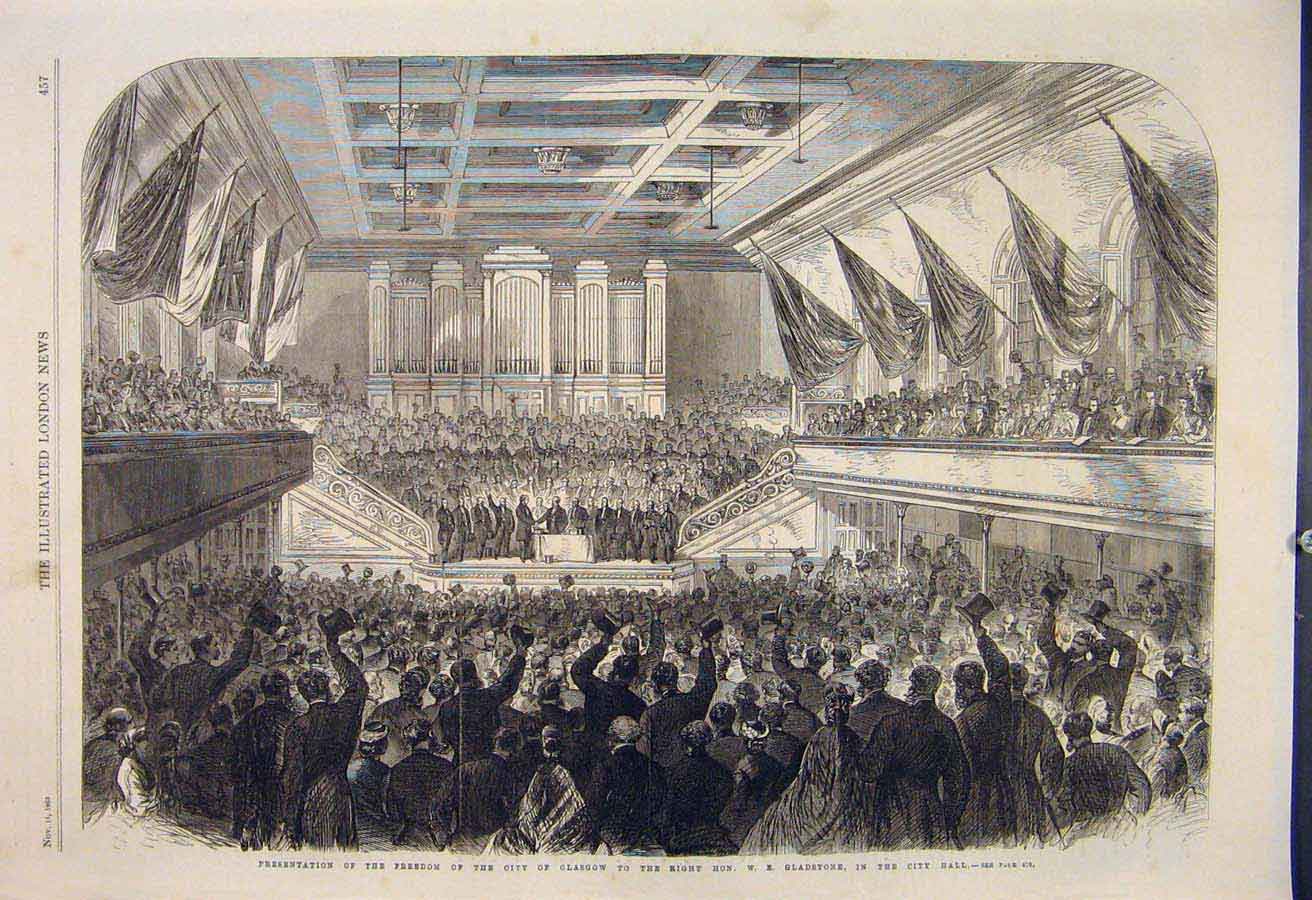 Original Old Antique Print City Glasgow Gladstone Hall Scotland 1865 Victorian
