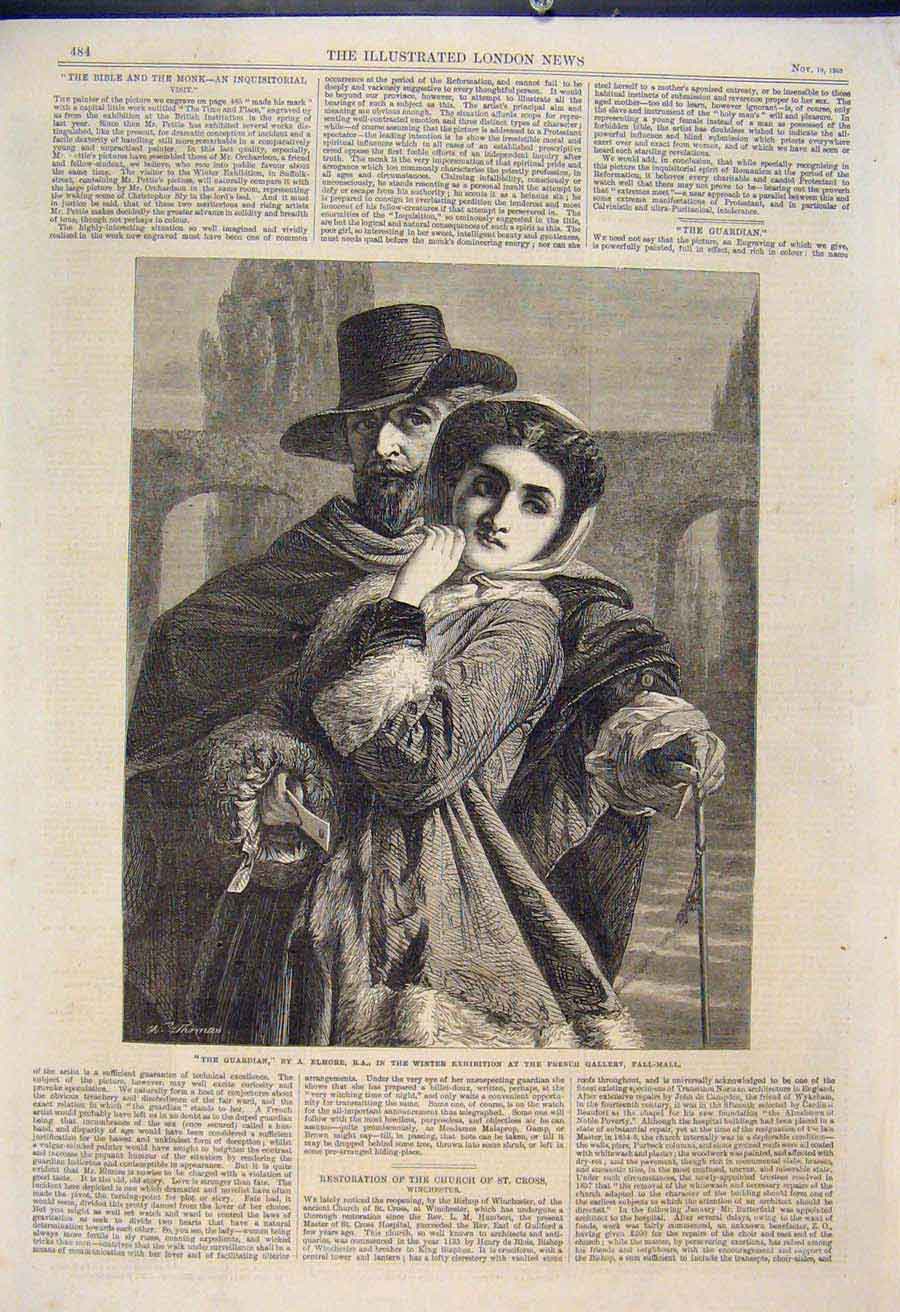 Original Old Antique Print Guardian Elmore Lady Man Fine Art 1865 19th