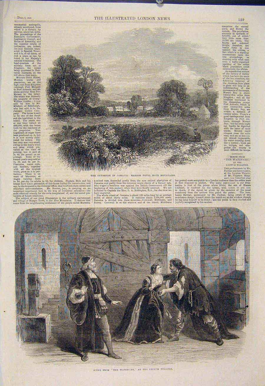 Old Antique Print Jamaica Maroon Town Blue Mountains Lyceum Theatre 1865 19th