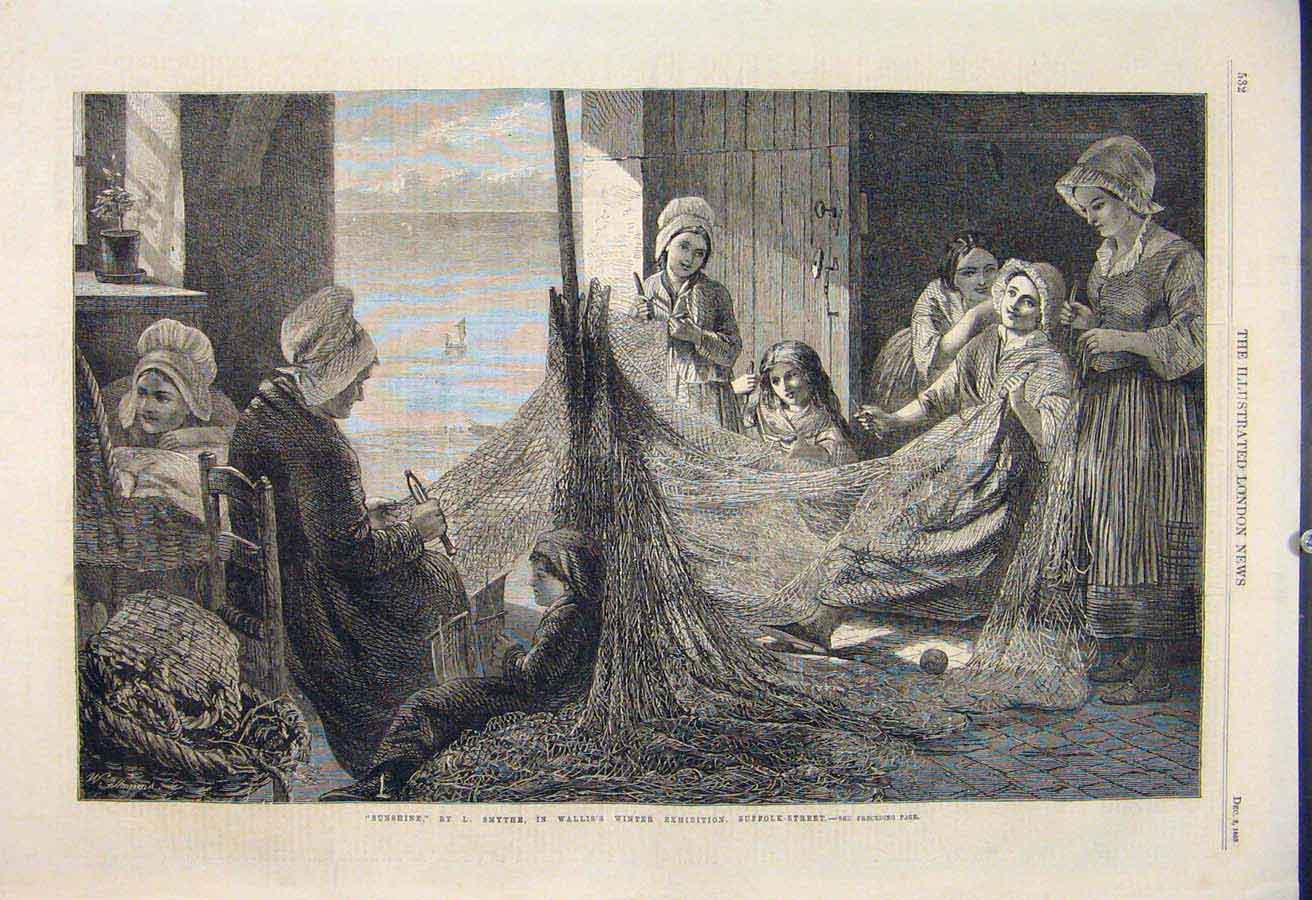 Original Old Antique Print Sunshine Smythe Wallis Winter Exhibition Suffolk 1865