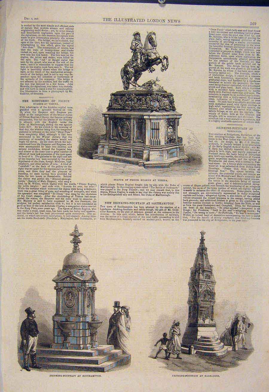 Original Old Antique Print Statue Eugene Vienna Fountain Southampton Barbadoes