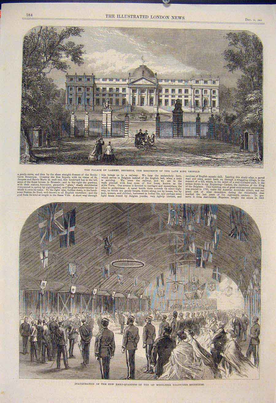 Original Old Antique Print Palace Laeken Brussels LeopMiddlesex Volunteers