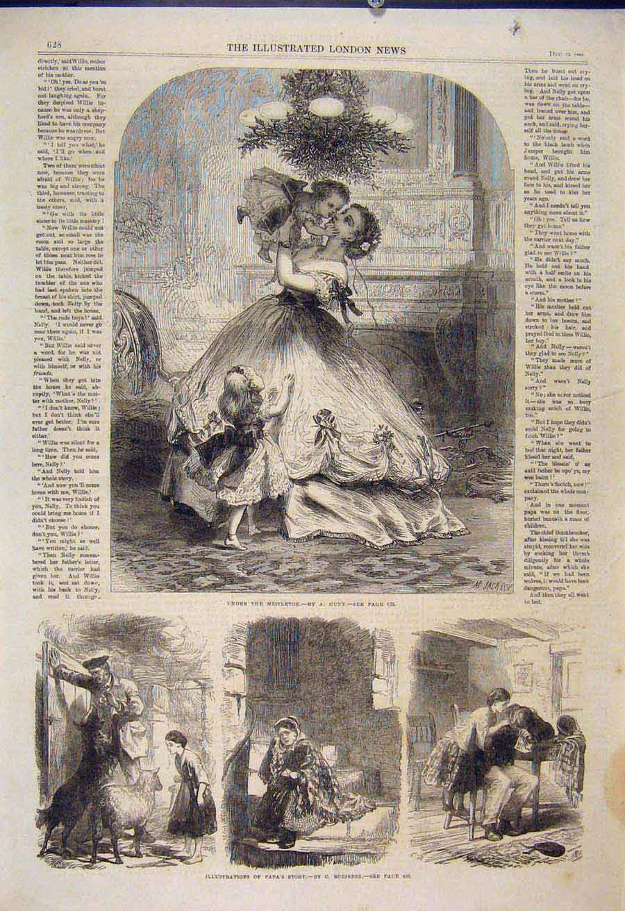 Original Old Antique Print Christmas Mistletoe Hunt Papa Story Sketch Robinson