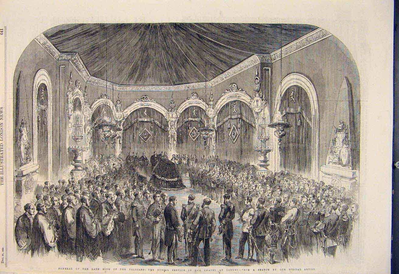 Original Old Antique Print Funeral King Belgians Brussels Torchlight 1865 19th