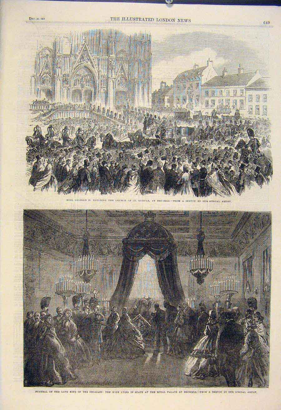 Original Old Antique Print LeopChurch Brussels Funeral Belgian King Senate