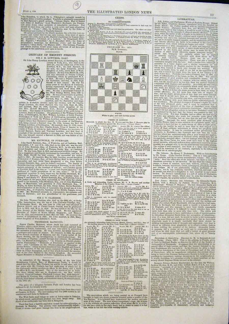 Original Old Antique Print Chess Problems And Solutions 1868 19th