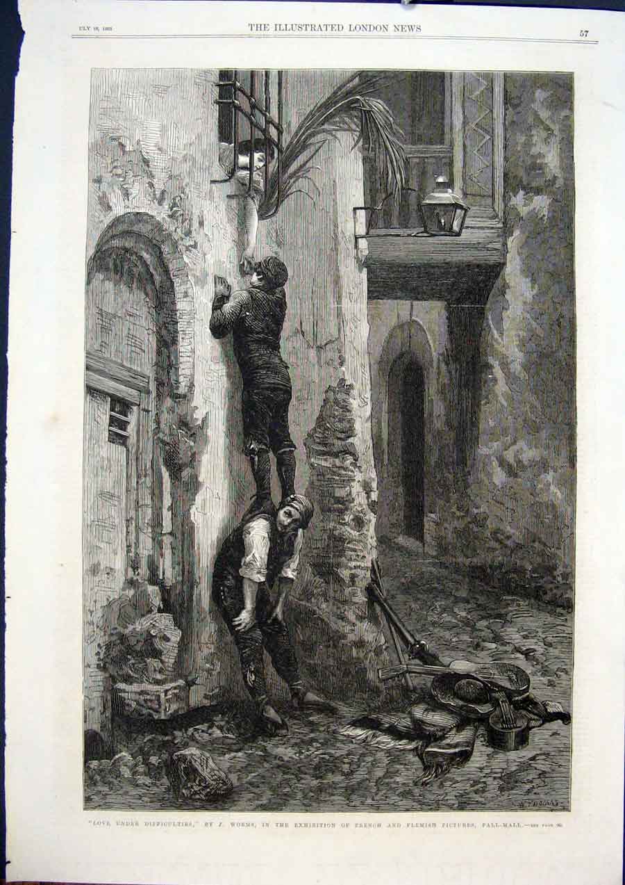 Original Old Antique Print Woms French Flemish Pall Mall Love Fine Art 1868 19th