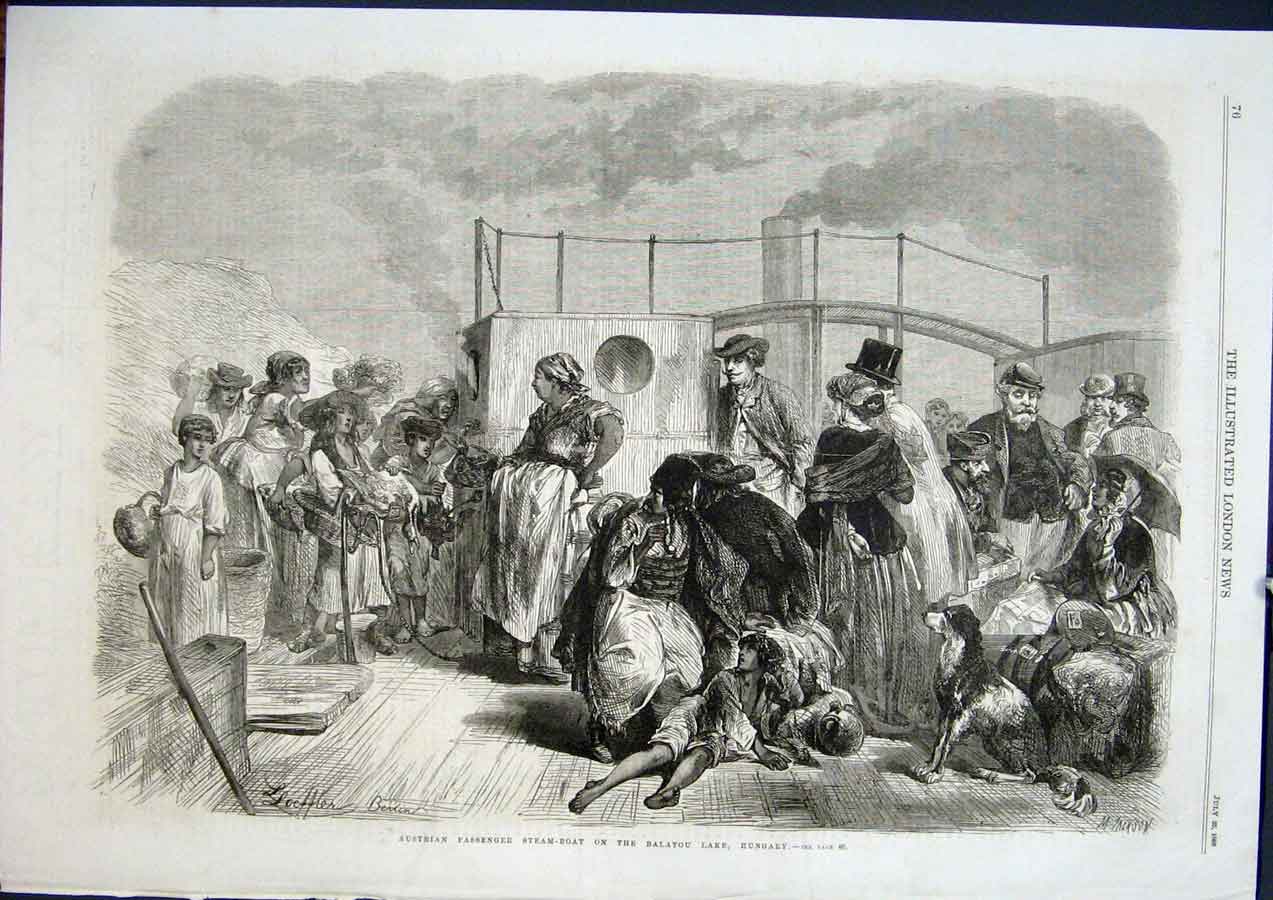 Old Antique Print Austrian Steam Boat Balatou Lake Hungary Passenger 1868 19th