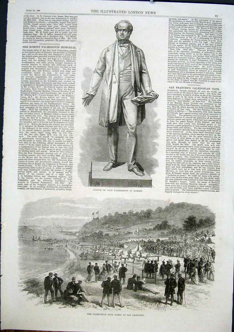Original Old Antique Print Statue Palmerston Romsey Caledonian Games Francisco