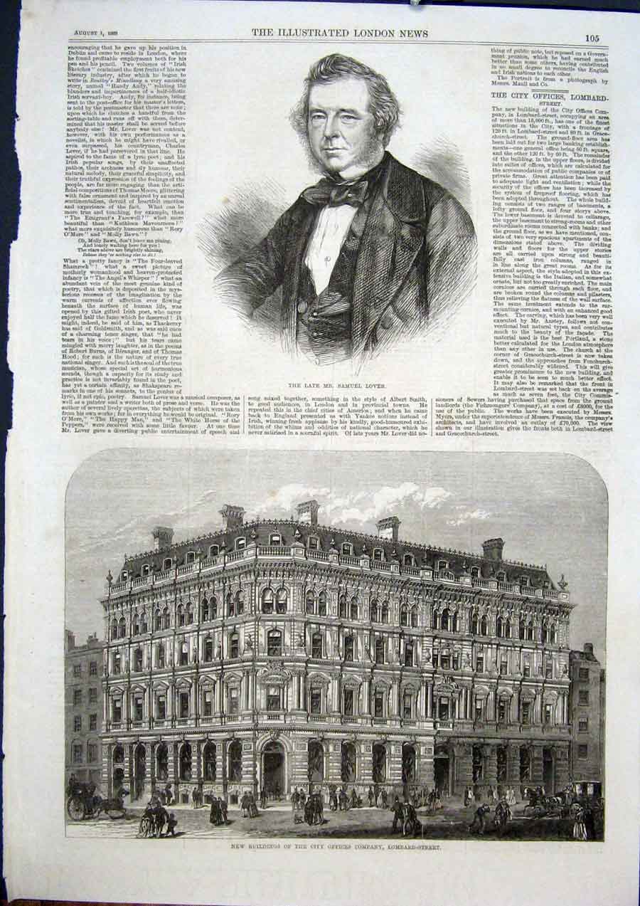 Old Antique Print Portrait Lover Lombard Street London Buildings Offices