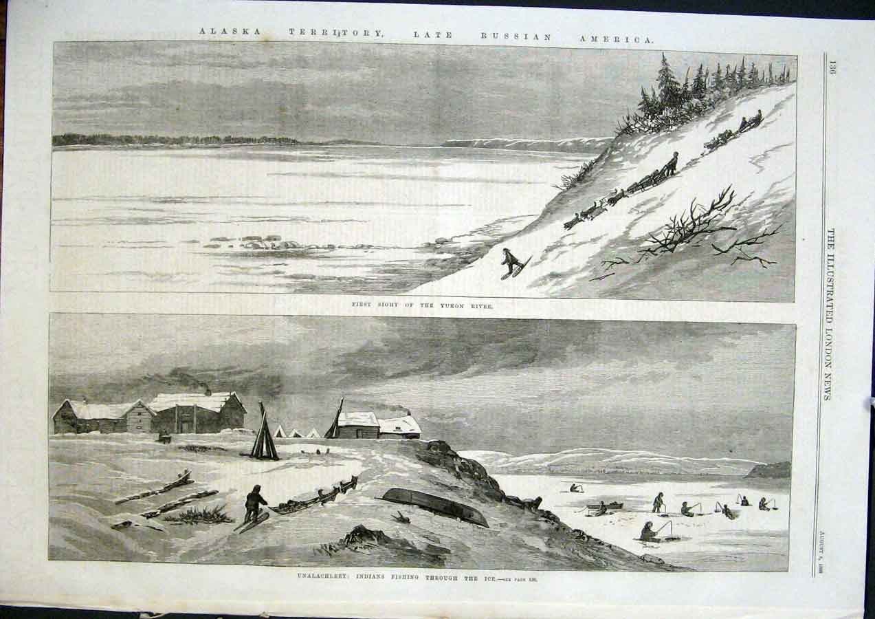 Old Antique Print Yukon River Unalachleet Indian Fishing Ice Alaska 1868 19th