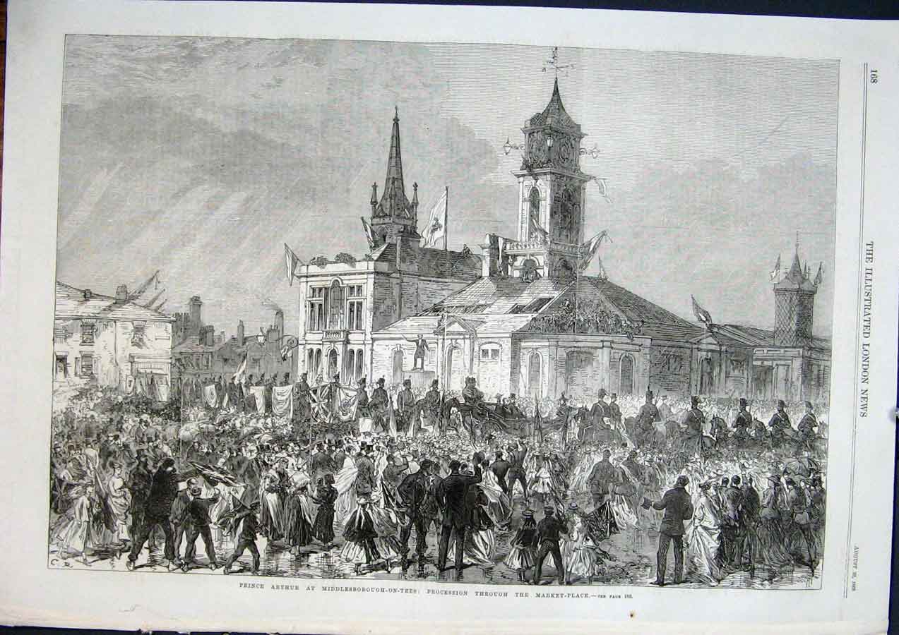 Original Old Antique Print Middlesborough-On-Tees Market Arthur Middlesborough