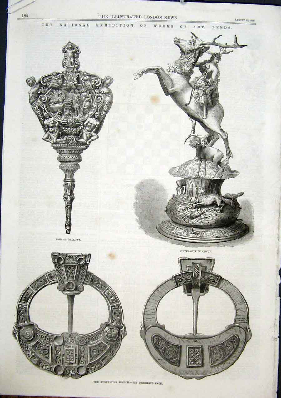 Old Antique Print Art Leeds Exhibition Bellows Cup Brooch Sword Vase Ewer