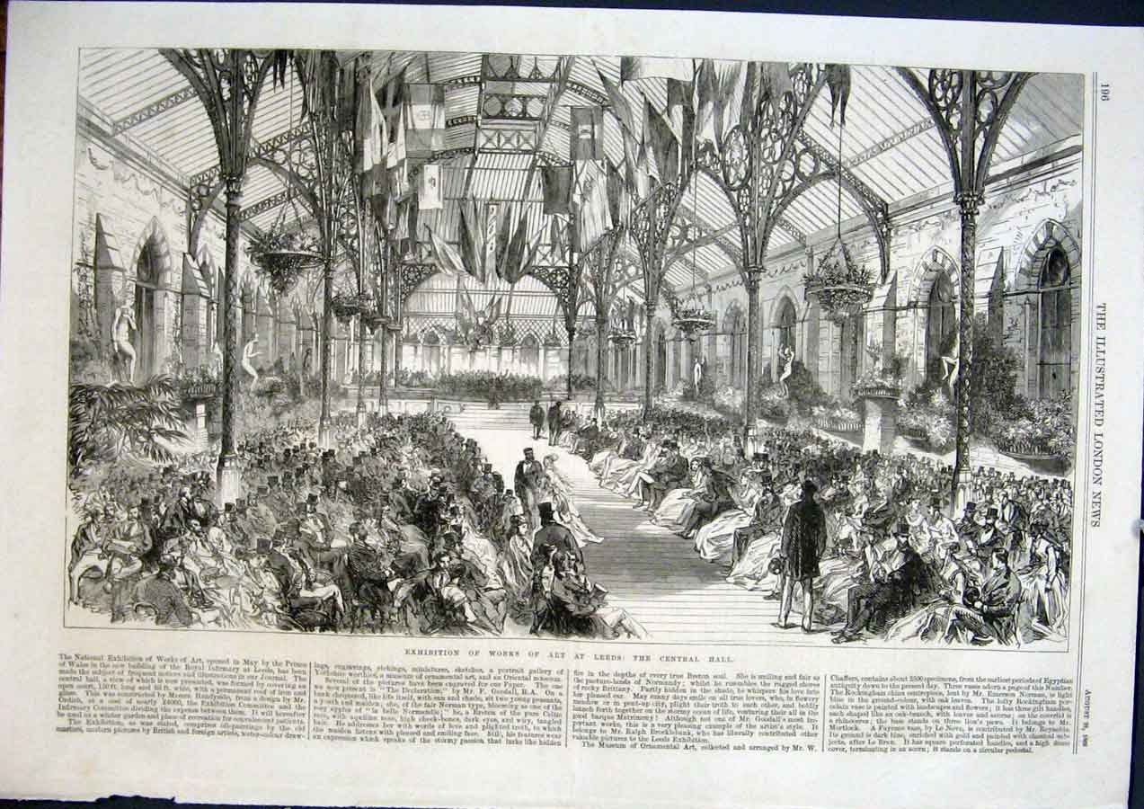 Original Old Antique Print Leeds Central Hall Exhibition Art 1868 19th