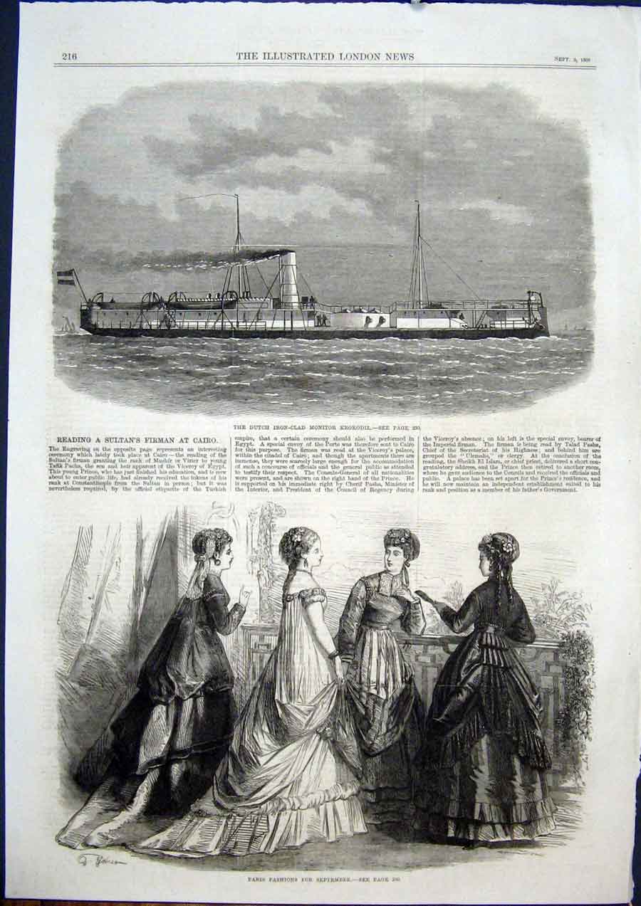 Original Old Antique Print Iron Clad Ship Monitor Krokodil Dutch Paris Fashions
