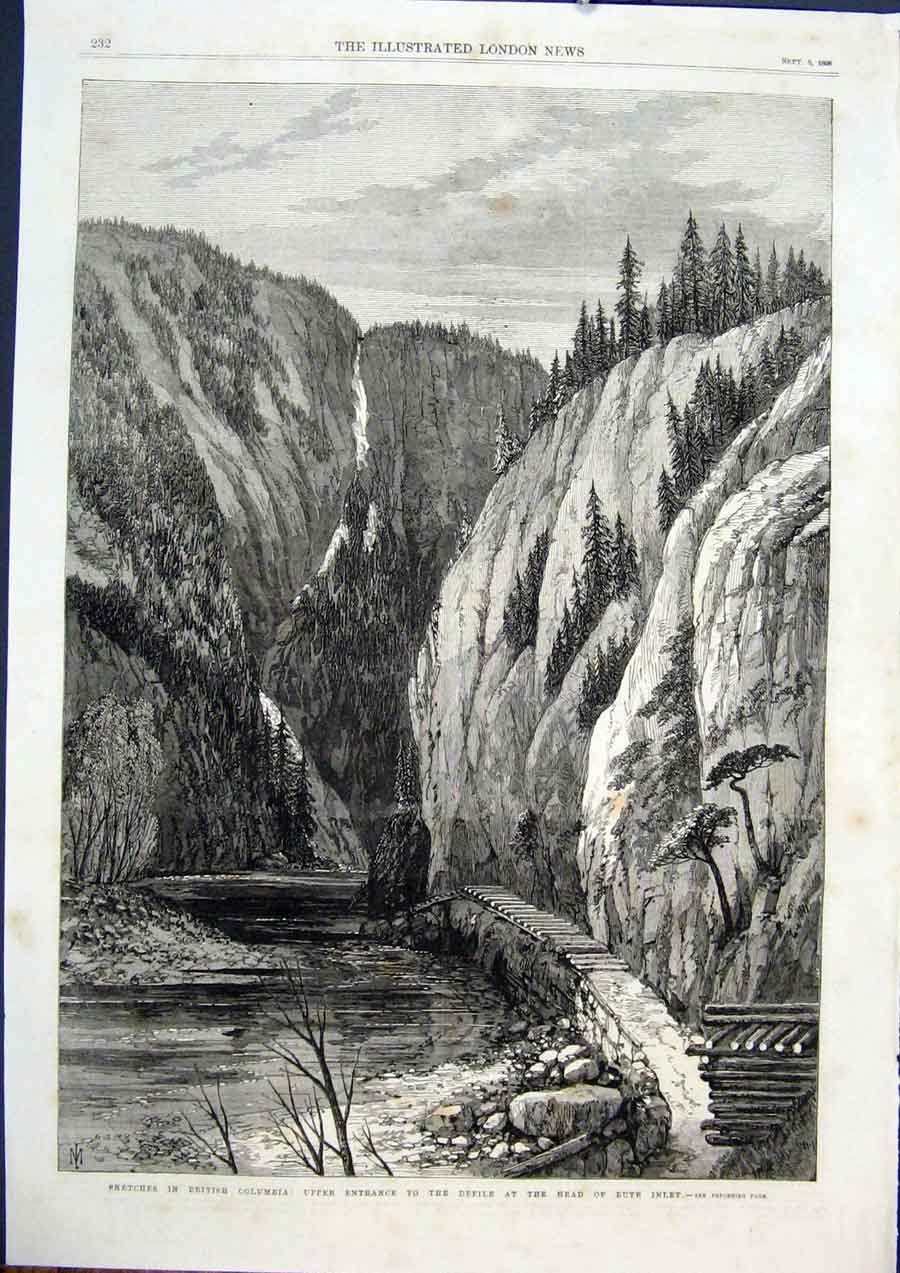 Original Old Antique Print Defile Bute Inlet British Columbia River 1868 19th